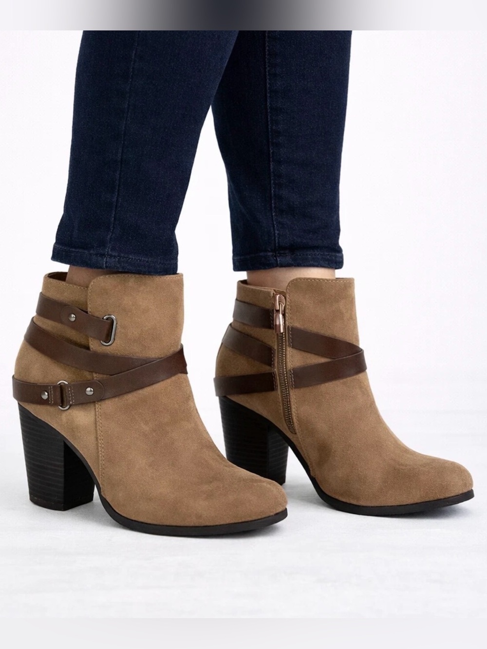 Torrid Womens Faux Suede Strappy Bootie Stacked Heel Brown Size 11W